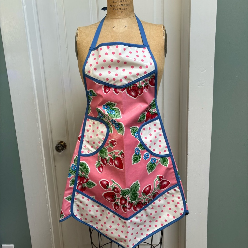 Oilcloth Pink Strawberry Print Apron